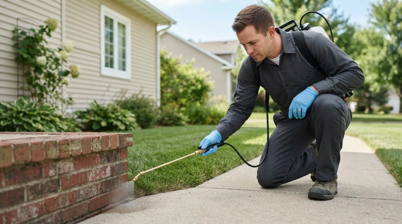 Pest control technician treating a home near Genoa, WI